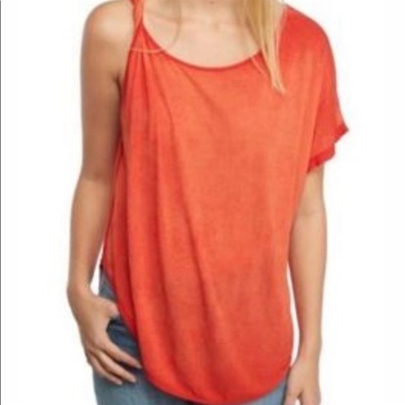 Free People Pluto One Shoulder Boho Lagenlook Top Red Orange Linen Blend - Picture 3 of 13